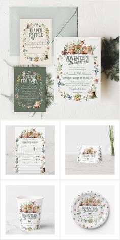 the wedding stationery is shown with flowers and greenery on it, along with other items