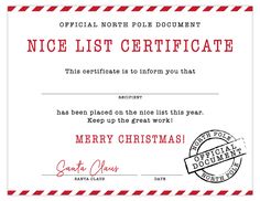 a nice christmas certificate with red and white stripes on the border, it says nice list certificate