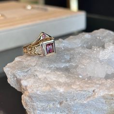 Featuring a 6mm princess cut Fair Trade Garnet or Oregon Sunstone, the engraved Evening Rose ring was originally designed as a pinky ring, but looks great on any finger. Band tapers from 9mm to 4mm. *Contact us for custom stone and sizing - price may vary - info@talonnyc.com