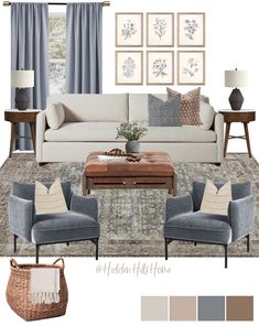 a living room filled with furniture and decor in shades of gray, beige, and blue