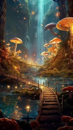 a fantasy scene with mushrooms and lights in the forest by a bridge over a stream