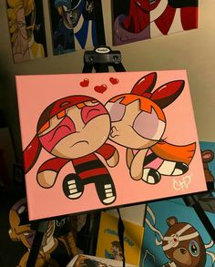 a painting of two cartoon characters on a pink background with other pictures in the background