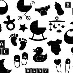 black and white silhouettes of baby items including shoes, stroller, pacifier