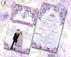 the wedding card is decorated with purple flowers and an image of a bride and groom