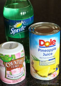 the ingredients to make pineapple juice are displayed on a counter top, including a can of pink lemonade and a bottle of dole pineapple juice