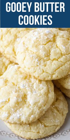 some cookies are stacked on top of each other with the words gooey butter cookies above them