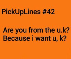 an orange background with the words pick up lines 42 are you from the u k? because i want u, k?