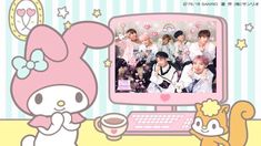 an image of a hello kitty holding a coffee cup in front of a computer screen