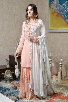 Shop for Shian Peach Georgette Mirror Embroidered Sharara Set for Women Online at Aza Fashions Grey Sharara, Draped Saree Gown, Saree Gowns, Embroidered Sharara, Draped Saree, Gown For Women, Saree Gown, Drape Saree, Bright Fashion