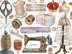 a watercolor painting of sewing supplies and thread on a white background with the words sewing kit written in large letters