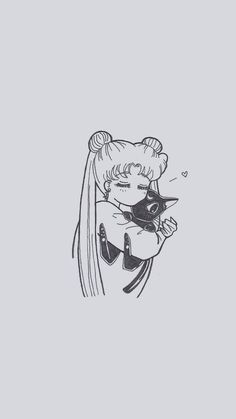 a drawing of a girl with long hair holding a cat in her arms and looking at the camera