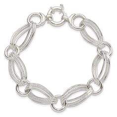 Product Weight Weighs approximately 11.43 grams. Product Dimensions Length of item : 8 in Features - Polished - Sterling silver - Fancy springlock - Textured Product Specifications - Material : Primary - Purity : 925 - Finish : Polished - Length of Item : 8 in - Chain Length : 8 in - Chain Type : Fancy - Clasp /Connector : Spring Ring (Fancy) - Feature : Hollow - Manufacturing Process : Hand Made - Material : Primary : Sterling Silver - Product Type : Jewelry - Jewelry Type : Bracelets - Sold By Modern Silver Bracelets With Clasp, Elegant Metal Charm Bracelet With Engraving, White Gold Bracelet With Clasp, Elegant Link Jewelry With Clasp, Elegant Engraved Metal Charm Bracelet, Elegant Sterling Silver Bangle Bracelet With Lobster Clasp, Elegant Sterling Silver Bangle With Lobster Clasp, Anniversary Bracelet With Sterling Silver Clasp, Anniversary Bracelets With Sterling Silver Clasp