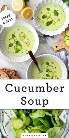 cucumber soup in a bowl with lemons and fresh basil on the side