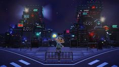 an animated character standing in the middle of a city at night