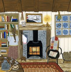 a painting of a living room with a fireplace and bookshelf in the corner