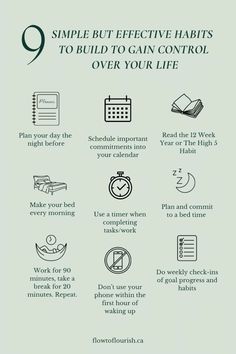 Need ways to get your life back on track? Building postive habits add structure and routine into your life. Developing these 9 habits can be a game-changer for achieving productivity and maintaining a healthy work-life balance. When ingrained habits become second nature, they allow you to focus your mental energy on more complex and meaningful aspects of you work! Try these habits for 30 days! - Plan your day the night before - Schedule important commitments into your calendar - Read the 12 Week Year or The High 5 Habit - Make your bed every morning - Plan and commit to a bed time - Use a timer when completing tasks/work - Work for 90 minutes, take a break for 20 minutes. Repeat. - Do weekly check-ins of goal progress and habits - Don't use your phone within the first hour of waking up 12 Week Year, Morning Schedule, Life Back On Track, Week Schedule, Face Pores, Plan Your Day, Day Schedule, Writing Therapy, Mental Energy