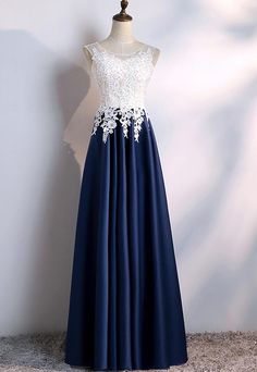 Navy Blue Satin with White Lace Top Floor Navy And White Bridesmaid Dresses, Blue And White Dress Formal, Blue Floor-length Evening Dress For Wedding, Blue Floor-length Party Dress, Blue Floor-length Party Gown, Blue Sleeveless Satin Dress For Prom, Blue Satin Wedding Dress, Blue Sleeveless Satin Dress For Prom Season, Royal Blue Satin Dress For Prom