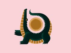 a green and gold alligator with an eye on it's back, sitting in front of a pink background