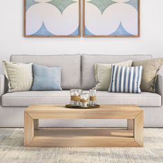 two paintings hang on the wall above a coffee table in a living room with couches and rugs