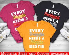 Chemises Best Friends / Chemise assortie BFF / T-shirt EVJF / Chemises Bestie / Sweat à capuche / Sweat / Manches longues VEUILLEZ UTILISER LE TABLEAU DES TAILLES POUR SÉLECTIONNER LES VOS TAILLES ⚠️ Le prix est pour 1 (un) produit ⚠️ COMMENT PASSER COMMANDE 1 - Sélectionnez le style et la taille dans la 1ère liste déroulante (veuillez utiliser le tableau des tailles. Nous n'acceptons pas les retours pour mauvaise sélection de taille) 2 - Sélectionnez la couleur à l'aide de la 2e liste déroulante 3 - Ajoutez le texte (chaque X a besoin d'un X bestie), en remplaçant X par blonde, rousse ou brune 3 - Ajouter au panier 4 - FACULTATIF - Répétez l'opération pour d'autres modèles, vous pouvez en commander autant que vous le souhaitez 3 - Effectuez votre paiement (Vous n'avez pas besoin d'un comp Friends Shirts, Bachelorette Party Tees, Blonde Redhead, Bff Matching, Best Friend Shirts, Everyday Gifts, Blonde Brunette, Friends Shirt, Matching Shirts