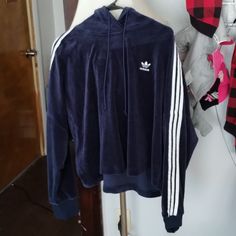 Super Soft Velvet Adidas Cropped Hoodie Worn One Time Is Just Too Big Unfortunately. The Pants Are Listed As Well It Is An Entire Outfit Adidas Long Sleeve Hoodie For Fall, Winter Fleece Hoodie With Three Stripes, Fall Long Sleeve Hoodie With Three Stripes, Winter Long Sleeve Sweatshirt With Three Stripes, Casual Blue Sweatshirt With Three Stripes, Adidas Blue Sweatshirt For Fall, Adidas Blue Hoodie For Fall, Adidas Blue Sweatshirt For Winter, Fleece Hoodie With Three Stripes