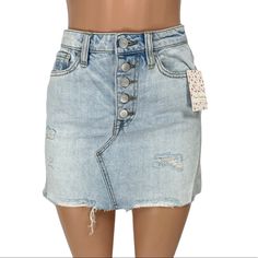 Brand: Free People Style: Ripped Denim Mini Skirt Color: Montauk Condition: New With Tags Material: 100% Cotton - Button Fly - 5 Pocket Construction - Distressed - Tonal Topstitching - Unlined Tags: Light Wash Denim Skirt, Distressed Skirt, High-Waisted Mini Skirt, Casual Skirt, Short Skirt Trendy High Rise Denim Skirt With Button Zip Fly, Trendy Medium Wash Denim Skirt With Button Zip Fly, Medium Wash Cutoff Denim Skirt With Button Closure, Cutoff Medium Wash Denim Skirt With Button Closure, Casual Denim Skirt With Button Zip Fly, Cutoff Denim Skirt With Button Closure, Mid-rise Blue Denim Skirt With Button Zip Fly, Spring Mid-rise Denim Skirt With Button Zip Fly, Spring Mid-rise Denim Skirt