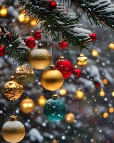 christmas ornaments hanging from a tree in the snow