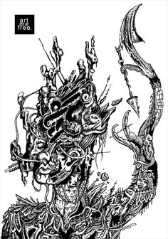 a black and white drawing of a demon with horns on it's head, surrounded by other demonic creatures