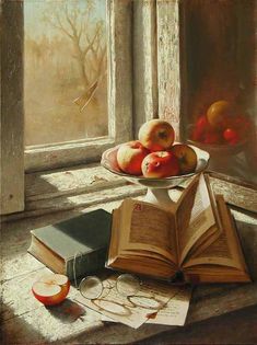 a painting of apples and an open book on a table