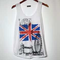 Nwot First Look London Tank Top White Sleeveless Top With Flag Print, Casual White Tank Top With Flag Print, First Looks, First Look, White Black, White And Black, Fashion Inspo, Tank Top, Womens Tops