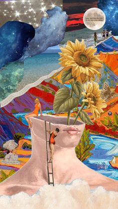 a collage of sunflowers in a vase with a man climbing the ladder