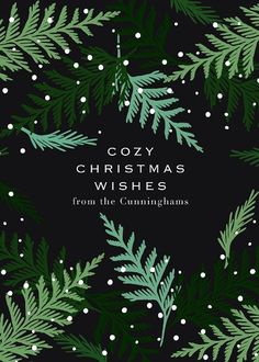 the cover for cozy christmas wishes from the cumminghams, featuring green leaves and snow