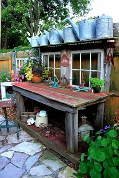 Garden Work Bench Potting Station, Potting Station Diy, Potters Bench, Outdoor Garden Sink, Garden Work Bench