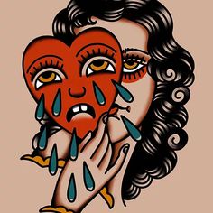 a drawing of a woman holding a heart with tears on her face and hands in front of her face