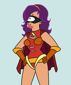 a cartoon character with purple hair wearing a red and yellow costume