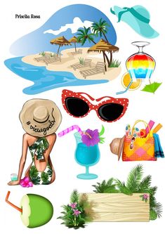 various beach items are arranged in the shape of a collage, including sunglasses and umbrellas