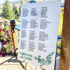 a table plan is displayed on a wooden stand