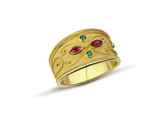 "The beauty of Byzantine style jewelry, completely handcrafted in Greece with the old-fashioned way, is omnipresent. An outstanding 18K solid yellow gold ring with Byzantine design decorated with natural gemstones, remains a classic and elegant choice for everyone. Bold and traditional, you will not take your eyes over your finger. Neither will your friends! High Quality Handmade Greek jewelry! This is a stunning ring that works well for all occasions, styles, and ages. You will love it! ✔ Dimen Byzantine Design, Byzantine Ring, Byzantine Rings, Unique Ring Designs, Friends High, Greek Jewelry, Solid Gold Ring, Ring Emerald, Greek Style