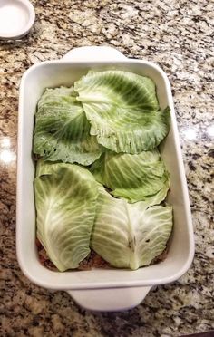 lettuce in a white dish on a granite counter