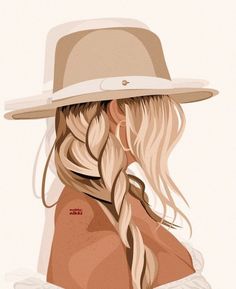 a drawing of a woman with long blonde hair wearing a brown hat and white dress