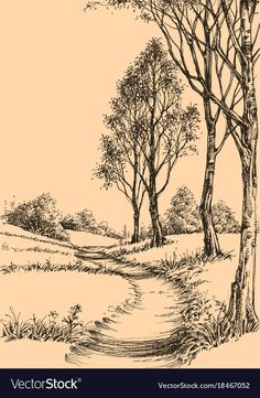 a sketched landscape with trees and a path