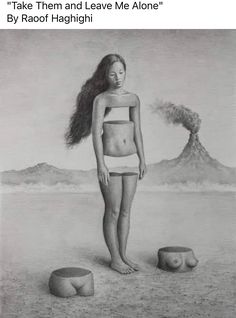 a drawing of a woman standing next to two rocks