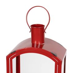 a red lantern with a metal handle on the top and bottom, is shown against a white background