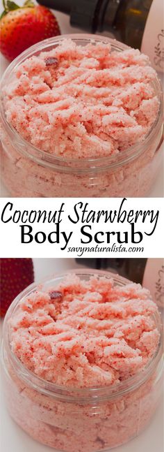 two bowls filled with strawberry body scrub next to a bottle of soap and strawberries