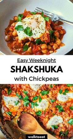 easy weeknight shakshuka with chickpeas in a skillet and on the side