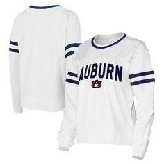 Enjoy casual comfort and show off your Auburn Tigers pride with this Concepts Sport Borough French Terry Arch Over Long Sleeve T-Shirt. This long sleeve tee boasts a cozy French terry construction, making it an ideal choice for cooler game days or lounging at home. The Auburn Tigers wordmark applique graphic on the chest, complemented by sewn-on stripes at the sleeves, adds a sporty touch to this comfortable and stylish top. Collegiate Long Sleeve T-shirt With Relaxed Fit, Collegiate Letter Print Tops For Fall, Fall College Style Loungewear Top, Collegiate Crew Neck Top For Campus, Collegiate Crew T-shirt For Fall, Collegiate Long Sleeve Loungewear Top, Collegiate Long Sleeve Tops For Loungewear, College Style Long Sleeve Tops For Sports Season, Long Sleeve T-shirt With Ribbed Cuffs For College