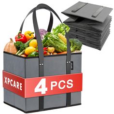 a large bag filled with lots of different types of fruits and vegetables next to a stack of black napkins