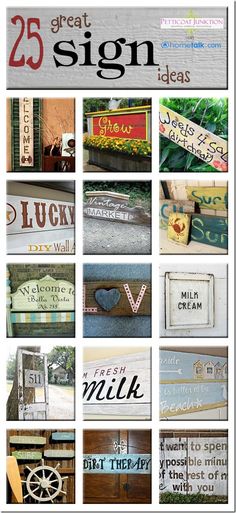 the cover of 25 great sign ideas, with images of various signs and words on them