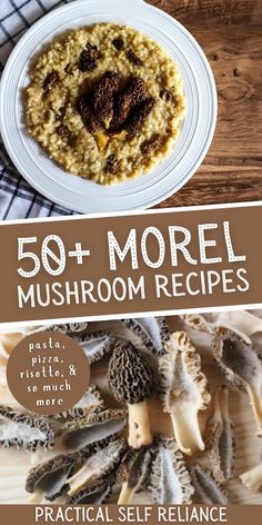 fresh morel mushrooms on a cutting board and homemade morel risotto in a bowl