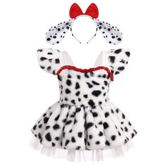 a dalmatian dress and headband with red bows